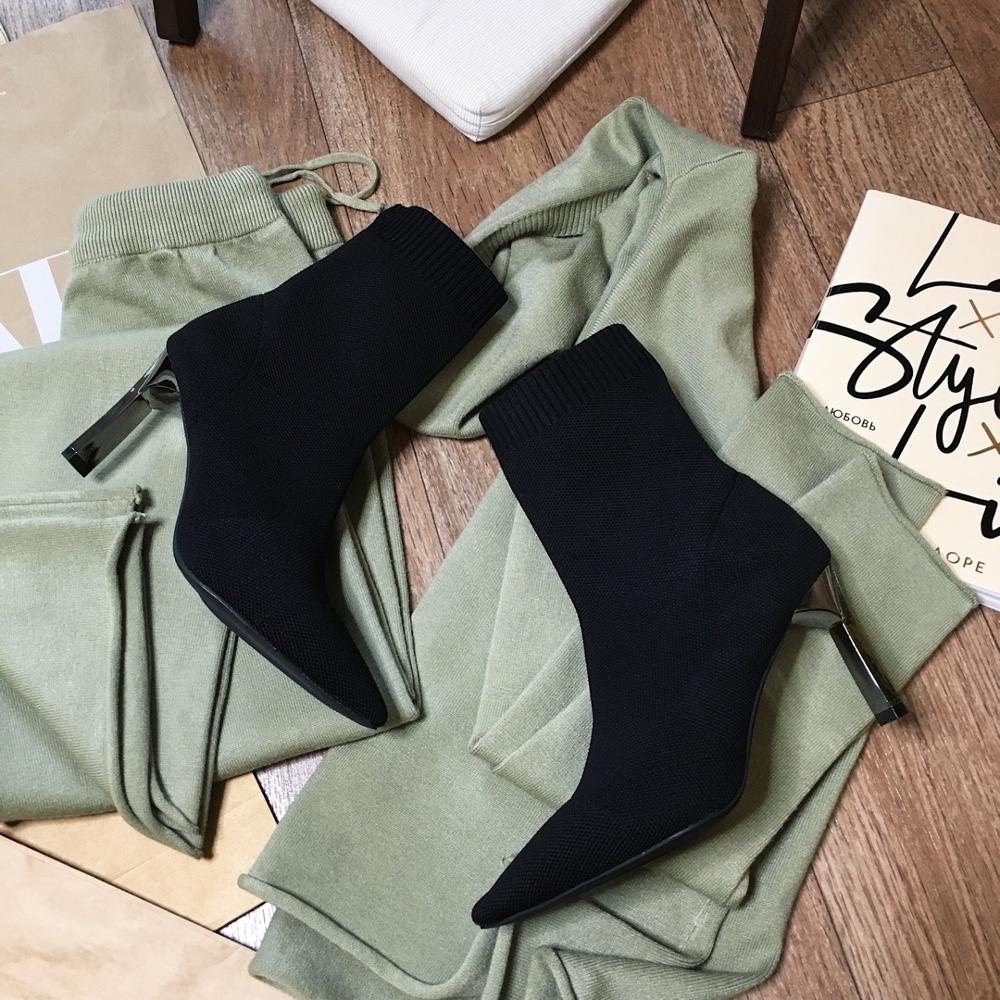 Aphixta Metal Blade Heels Socks Boots Women Stretch Fabric Elastic Stilettos Heel Pointed Toe Ankle Boots Shoes Woman Boats