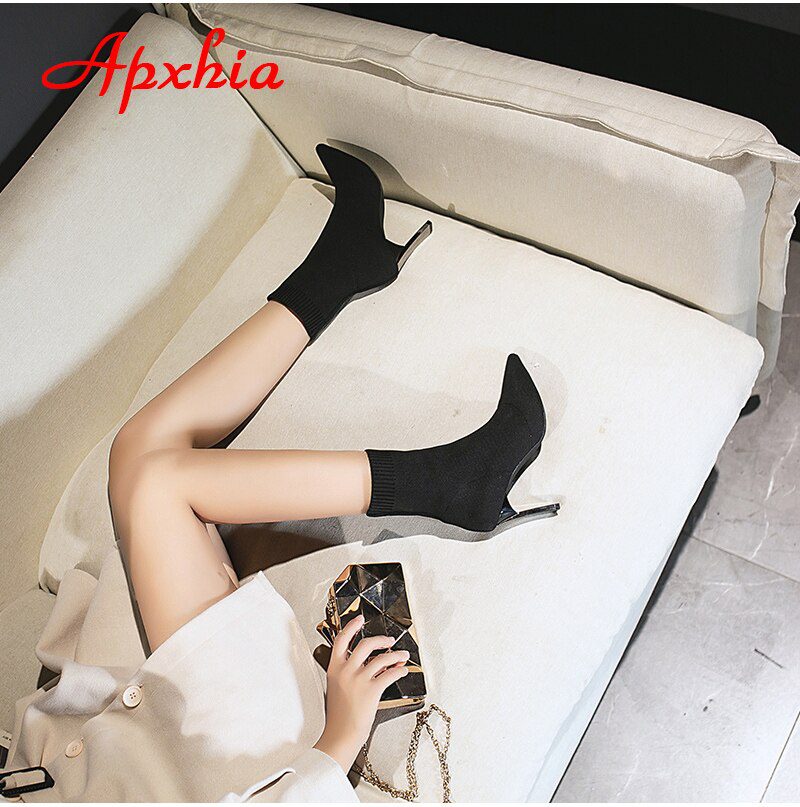 Aphixta Metal Blade Heels Socks Boots Women Stretch Fabric Elastic Stilettos Heel Pointed Toe Ankle Boots Shoes Woman Boats