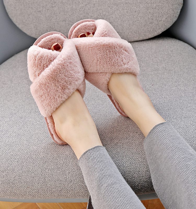 Winter Women House Slippers Faux Fur Fashion Warm Shoes Woman Slip on Flats Female Slides Black Pink cozy home furry slippers