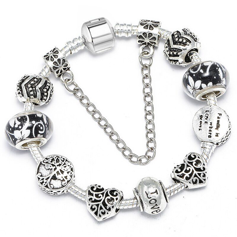 BAOPON Dropshipping Vintage Silver Color Charms Bracelets for Women DIY Crystal Beads Fine Bracelets Women Pulseira Jewelry