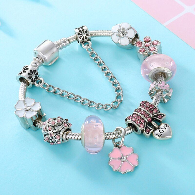 BAOPON Dropshipping Vintage Silver Color Charms Bracelets for Women DIY Crystal Beads Fine Bracelets Women Pulseira Jewelry