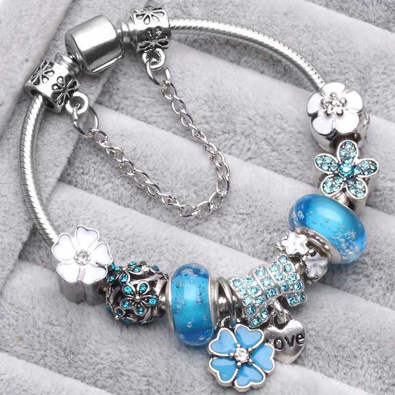 BAOPON Dropshipping Vintage Silver Color Charms Bracelets for Women DIY Crystal Beads Fine Bracelets Women Pulseira Jewelry