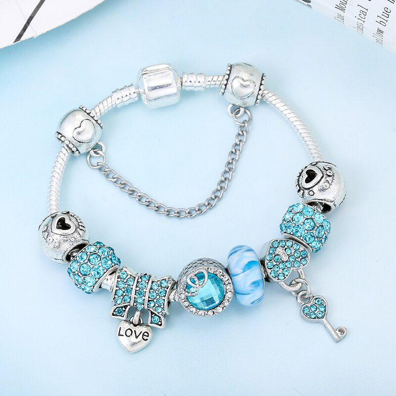 BAOPON Dropshipping Vintage Silver Color Charms Bracelets for Women DIY Crystal Beads Fine Bracelets Women Pulseira Jewelry