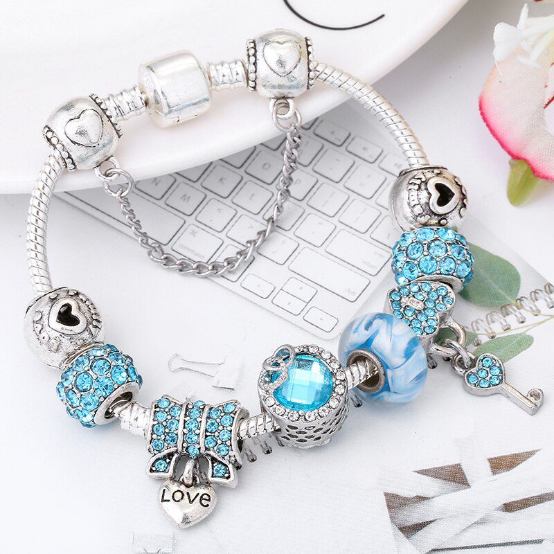 BAOPON Dropshipping Vintage Silver Color Charms Bracelets for Women DIY Crystal Beads Fine Bracelets Women Pulseira Jewelry