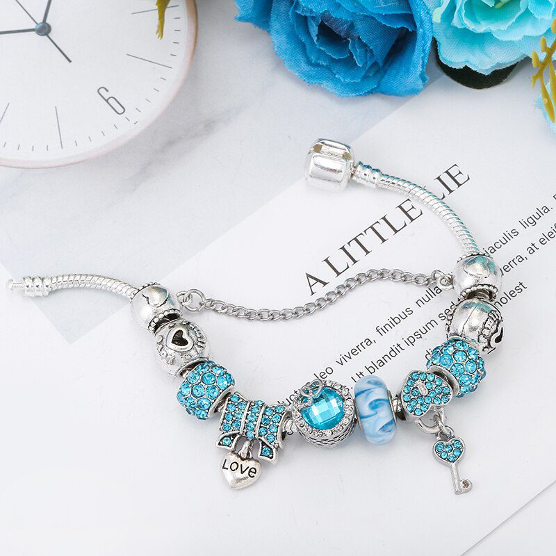 BAOPON Dropshipping Vintage Silver Color Charms Bracelets for Women DIY Crystal Beads Fine Bracelets Women Pulseira Jewelry