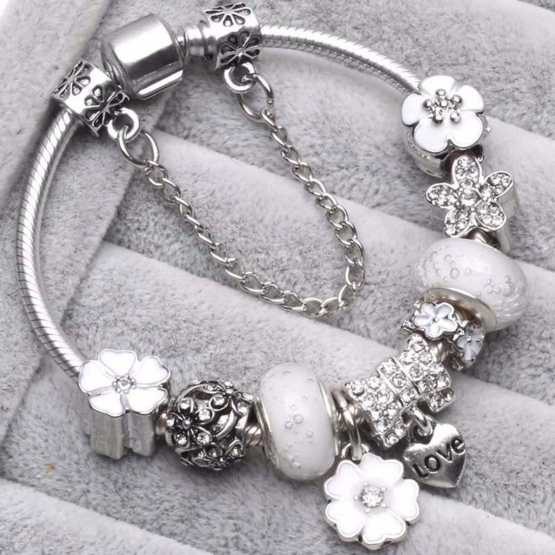 BAOPON Dropshipping Vintage Silver Color Charms Bracelets for Women DIY Crystal Beads Fine Bracelets Women Pulseira Jewelry