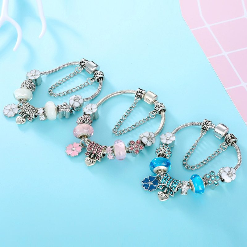 BAOPON Dropshipping Vintage Silver Color Charms Bracelets for Women DIY Crystal Beads Fine Bracelets Women Pulseira Jewelry