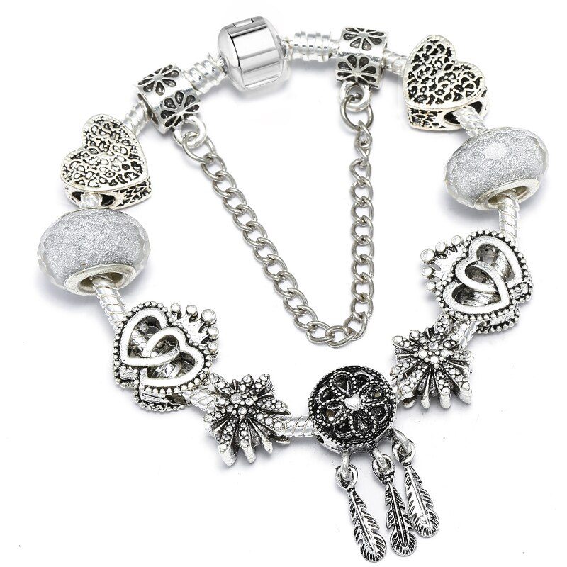 BAOPON Dropshipping Vintage Silver Color Charms Bracelets for Women DIY Crystal Beads Fine Bracelets Women Pulseira Jewelry