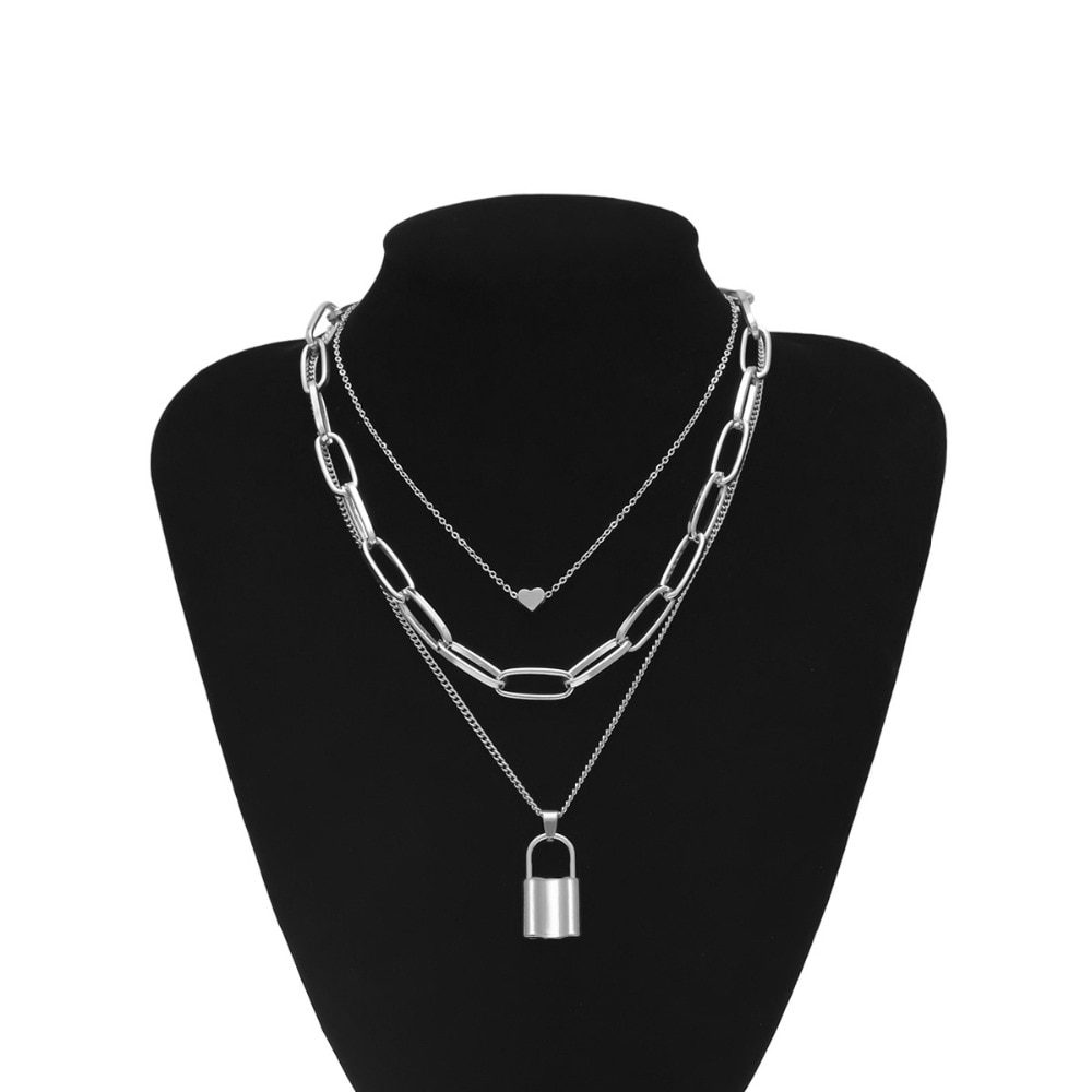 Hip Hop Multi Layers chain necklace with heart lock women/men punk rock padlock pendant necklace emo grunge Goth jewelry