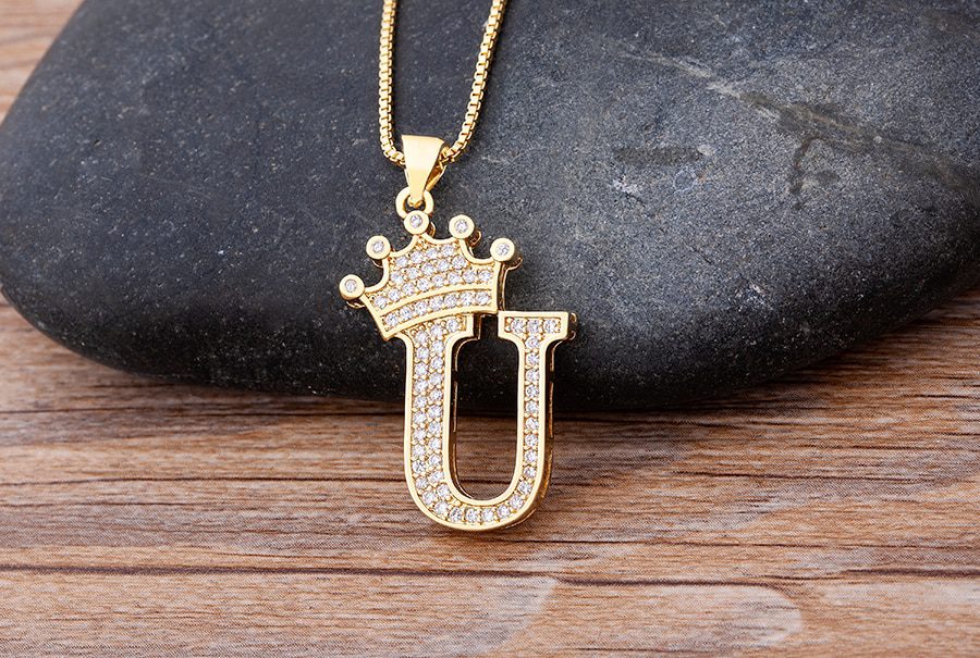New Luxury Copper Zircon A-Z Crown Alphabet Pendant Chain Necklace Punk Hip-Hop Style Fashion Woman Man Initial Name Jewelry