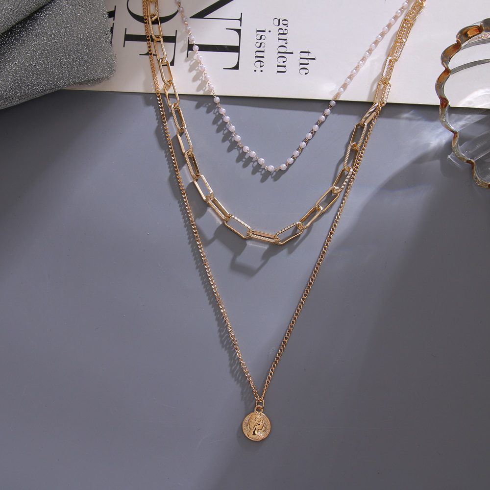 FNIO Vintage Multi Layered Women's Necklaces Pearl Round Coin Gold Necklaces Bohemia Fashion Long pendant Necklace 2020 Jewelry