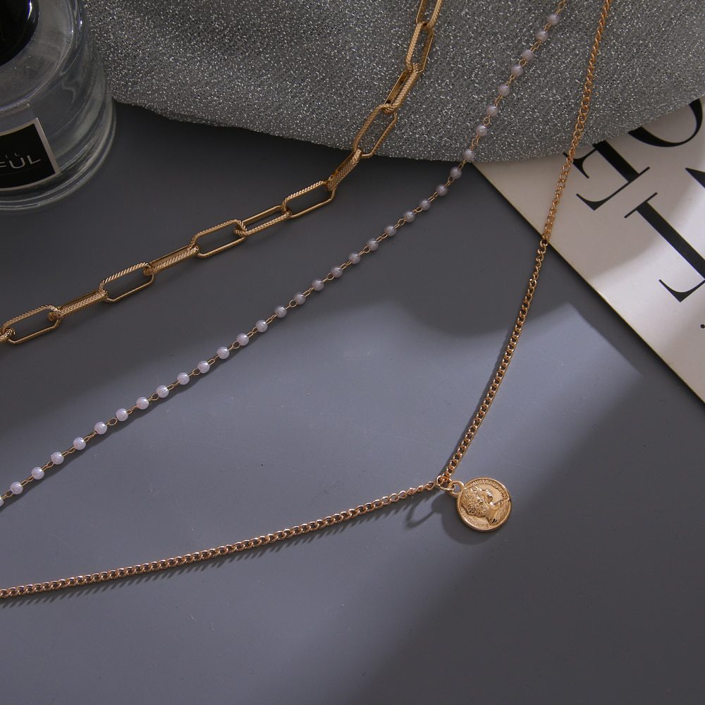 FNIO Vintage Multi Layered Women's Necklaces Pearl Round Coin Gold Necklaces Bohemia Fashion Long pendant Necklace 2020 Jewelry