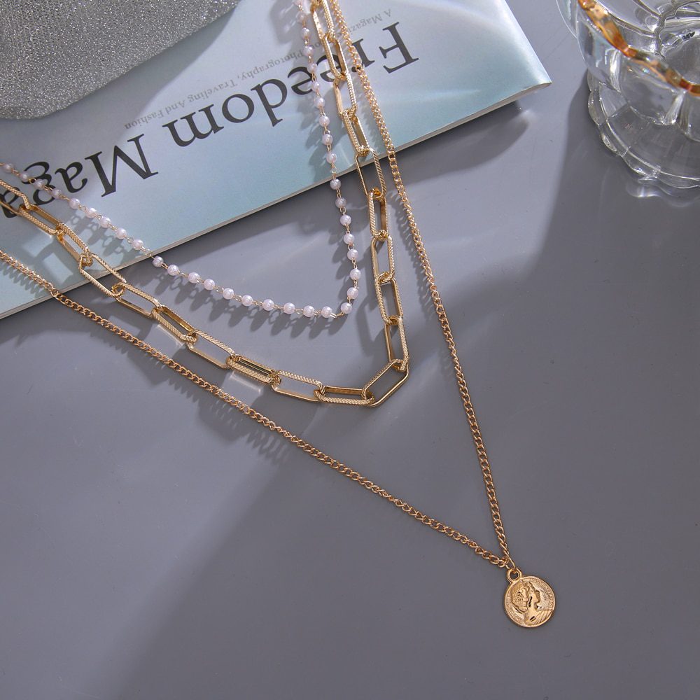 FNIO Vintage Multi Layered Women's Necklaces Pearl Round Coin Gold Necklaces Bohemia Fashion Long pendant Necklace 2020 Jewelry