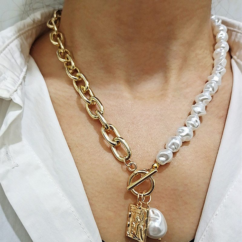 Fashion Chain Pearl Necklace For Women Baroque Pearl Metal Charm Pendants Necklaces Choker Snake Chain Jewelry Gold Silver Color