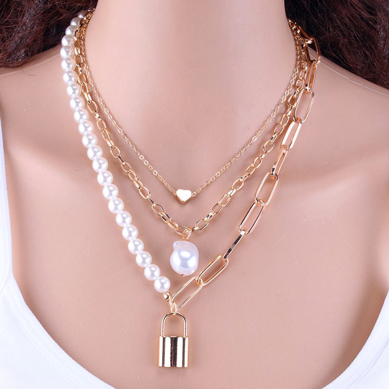Fashion Chain Pearl Necklace For Women Baroque Pearl Metal Charm Pendants Necklaces Choker Snake Chain Jewelry Gold Silver Color