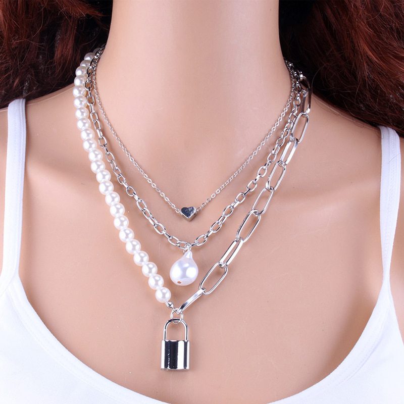 Fashion Chain Pearl Necklace For Women Baroque Pearl Metal Charm Pendants Necklaces Choker Snake Chain Jewelry Gold Silver Color