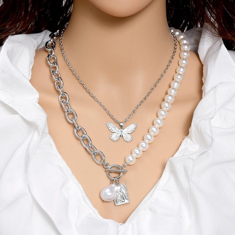 Fashion Chain Pearl Necklace For Women Baroque Pearl Metal Charm Pendants Necklaces Choker Snake Chain Jewelry Gold Silver Color