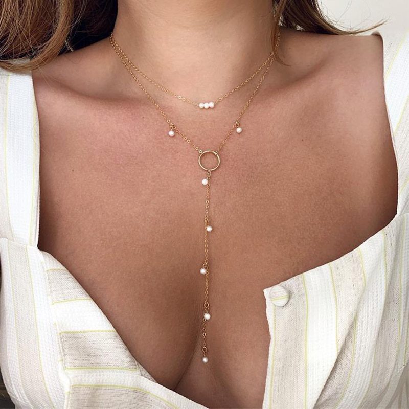 17KM Fashion Multi-layered Snake Chain Necklace For Women Vintage Gold Coin Pearl Choker Sweater Necklace Party Jewelry Gift