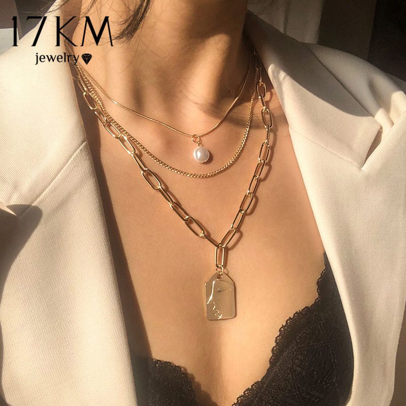 17KM Fashion Multi-layered Snake Chain Necklace For Women Vintage Gold Coin Pearl Choker Sweater Necklace Party Jewelry Gift