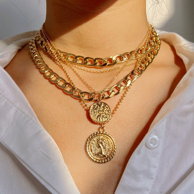 17KM Fashion Multi-layered Snake Chain Necklace For Women Vintage Gold Coin Pearl Choker Sweater Necklace Party Jewelry Gift