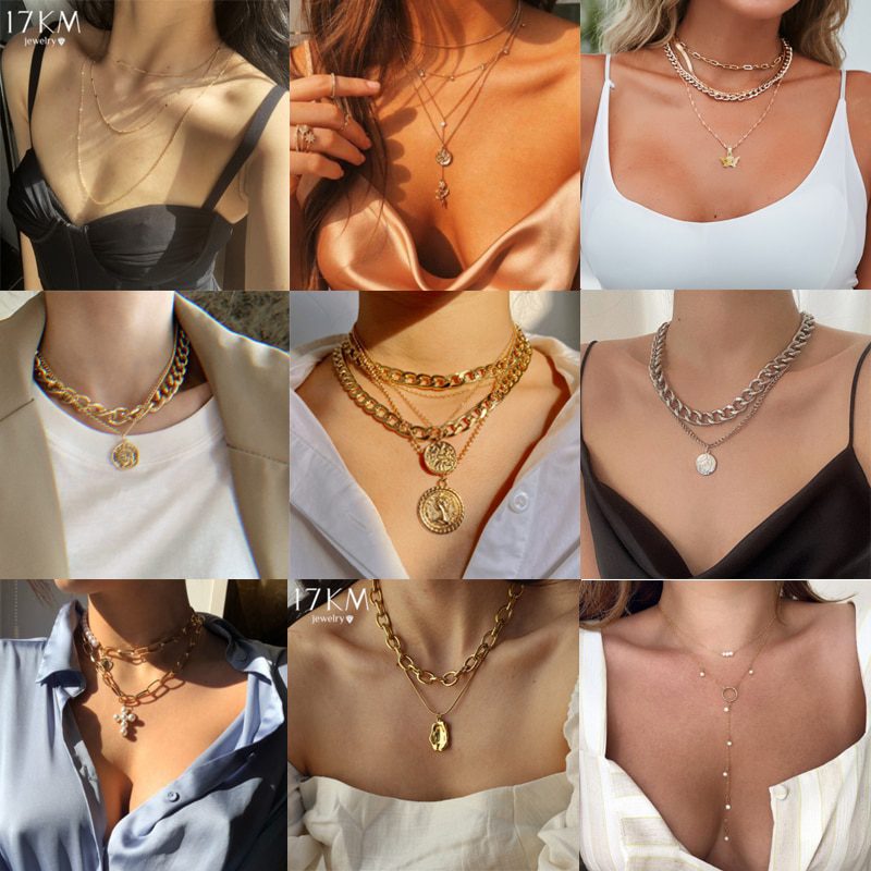 17KM Fashion Multi-layered Snake Chain Necklace For Women Vintage Gold Coin Pearl Choker Sweater Necklace Party Jewelry Gift