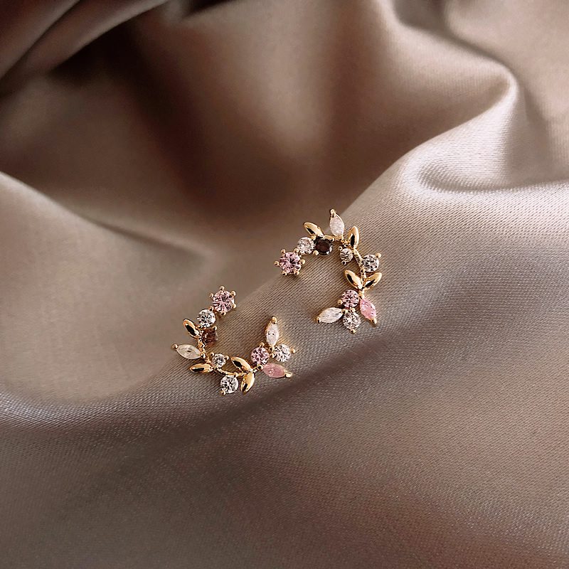 Korean New Design Fashion Jewelry Exquisite Copper Inlay Color Zircon Flower Leaf Garland Women Earrings