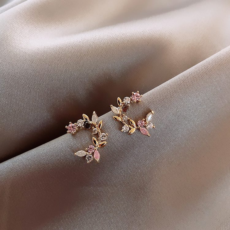 Korean New Design Fashion Jewelry Exquisite Copper Inlay Color Zircon Flower Leaf Garland Women Earrings