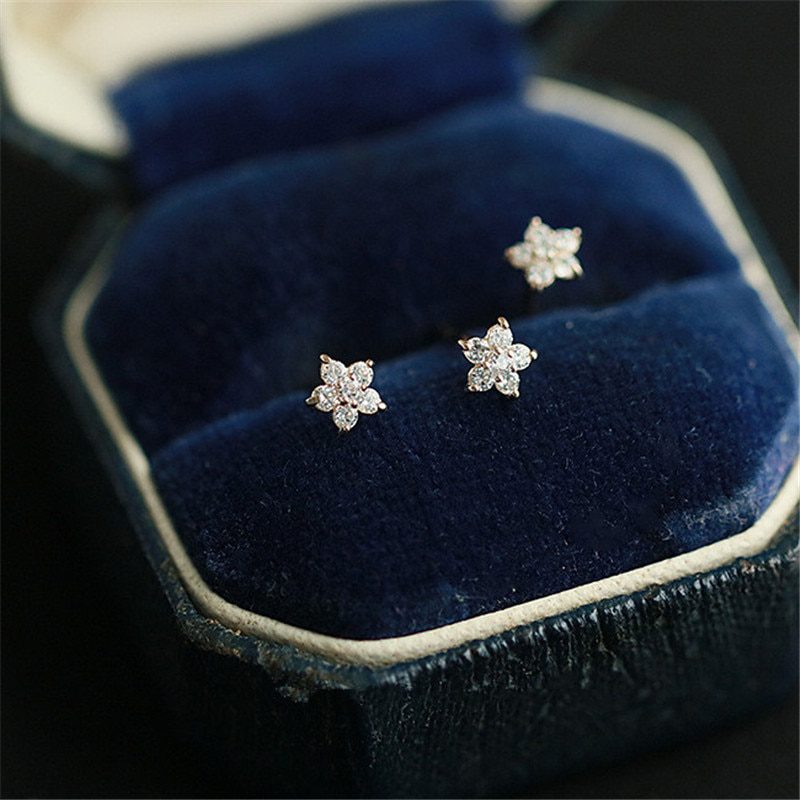 925 Sterling Silver Plated 14k Gold Pav&eacute; Crystal Five-pointed Star Earrings Women Simple Fashion Wedding Jewelry Accessories