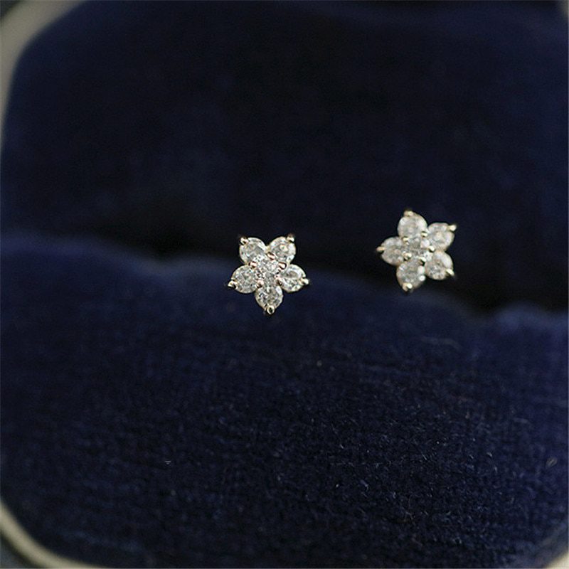 925 Sterling Silver Plated 14k Gold Pav&eacute; Crystal Five-pointed Star Earrings Women Simple Fashion Wedding Jewelry Accessories