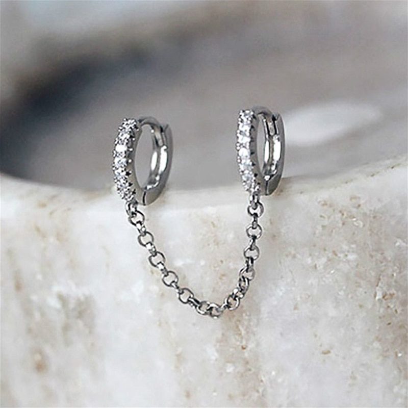 Huitan One PCS Hot Sale Two Hole Piercing Earrings for Women Brilliant Crystal Zircon 3 Metal Color Chain Earring Party Jewelry