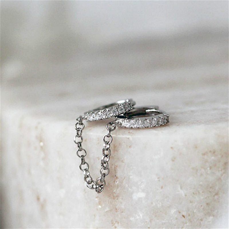 Huitan One PCS Hot Sale Two Hole Piercing Earrings for Women Brilliant Crystal Zircon 3 Metal Color Chain Earring Party Jewelry