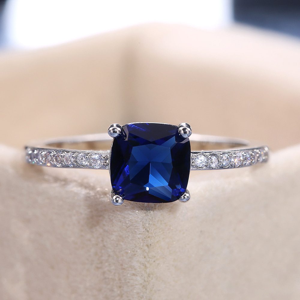 Huitan Square Blue Series Stone Women Rings Simple Minimalist Pinky Accessories Ring Band Elegant Engagement Jewelry Rings