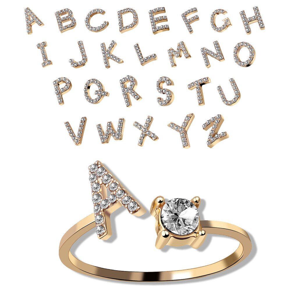 A-Z Letter Gold Color Metal Adjustable Opening Ring Initials Name Alphabet Female Creative Finger Rings Trendy Party Jewelry