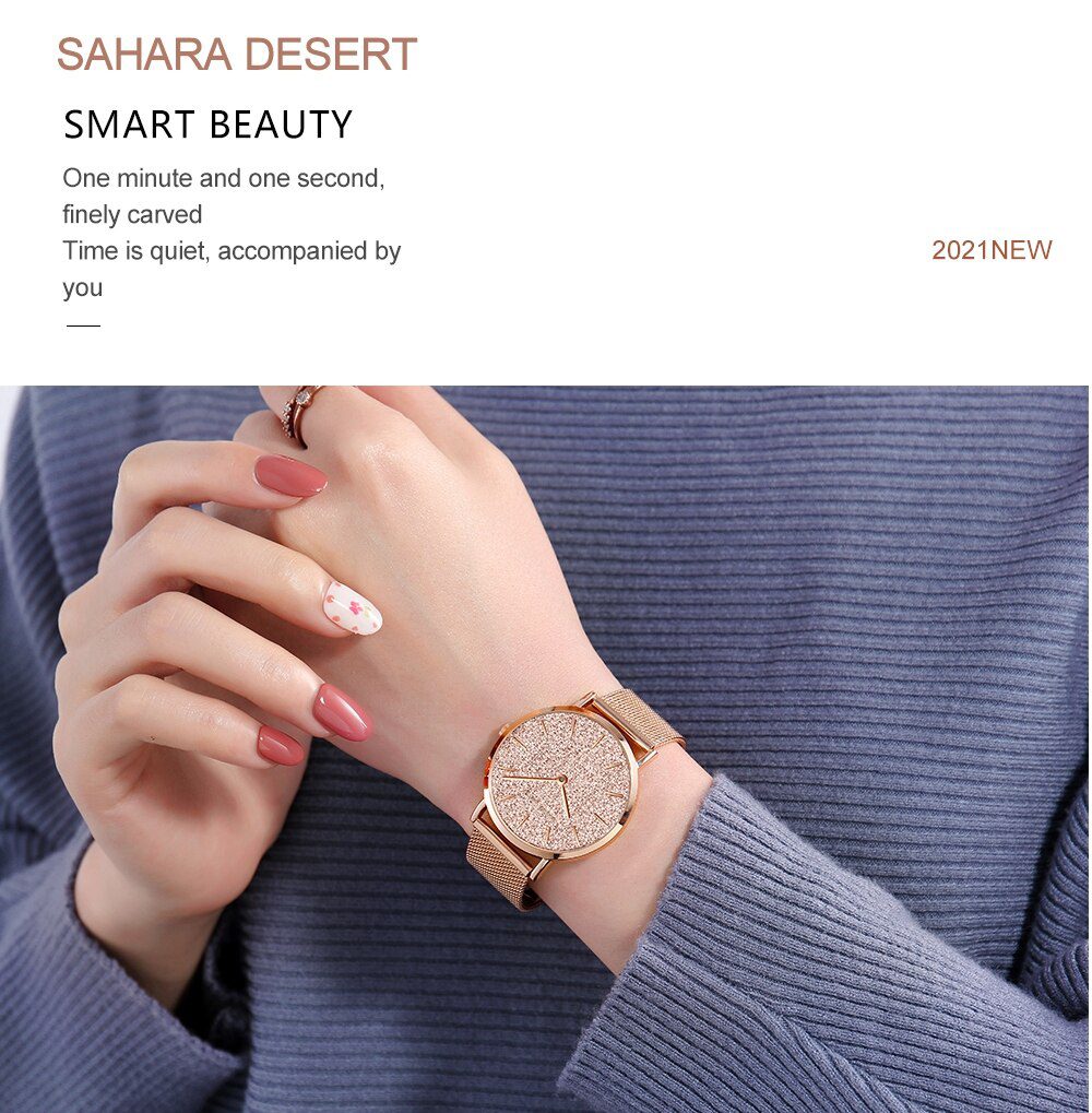 Sahara Desert Dial New Design 2021 Top Brand Luxury Japan Quartz Wristwatch Stainless Steel Rose Gold Waterproof Watch for Women