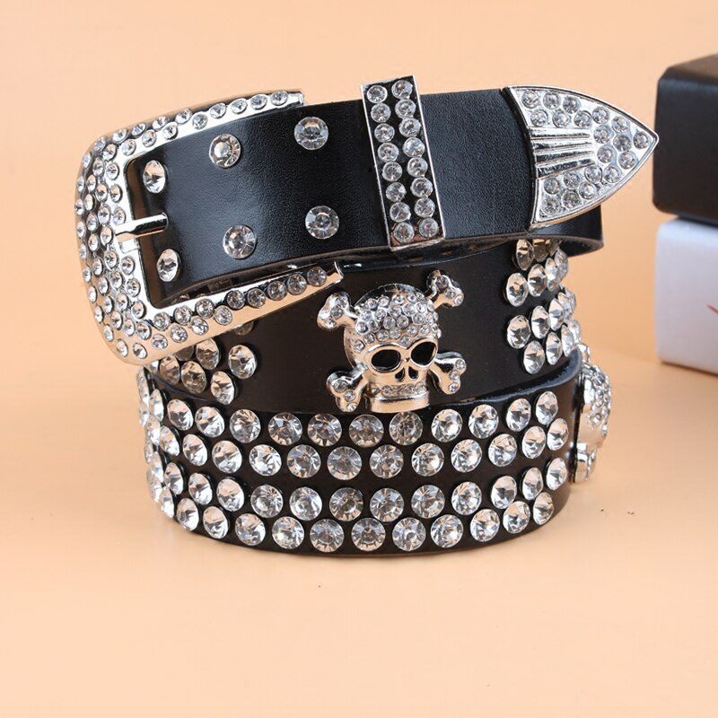 TOTRUST Wide Buckle Belt For Women Woman Vintage Rhinestone Skull Belts Second Layer Cow Skin Top Quality Strap Female For Jeans
