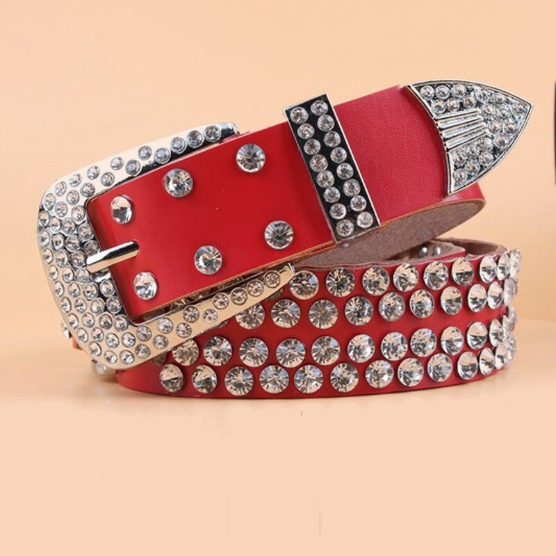 TOTRUST Wide Buckle Belt For Women Woman Vintage Rhinestone Skull Belts Second Layer Cow Skin Top Quality Strap Female For Jeans