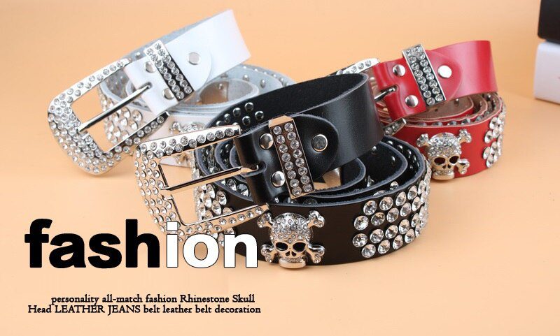 TOTRUST Wide Buckle Belt For Women Woman Vintage Rhinestone Skull Belts Second Layer Cow Skin Top Quality Strap Female For Jeans