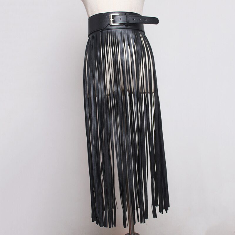 [EAM] 2021 New Spring Summer Pu Leather Long Tassel Brief Personality Girdle Decoration Belt Women Fashion Tide All-match JX375