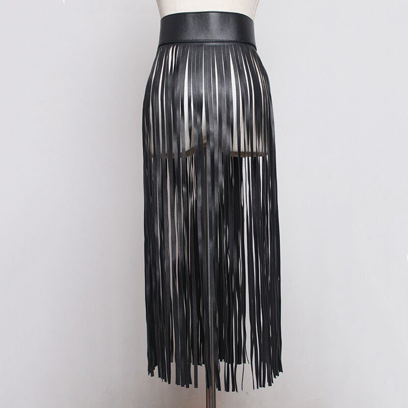 [EAM] 2021 New Spring Summer Pu Leather Long Tassel Brief Personality Girdle Decoration Belt Women Fashion Tide All-match JX375