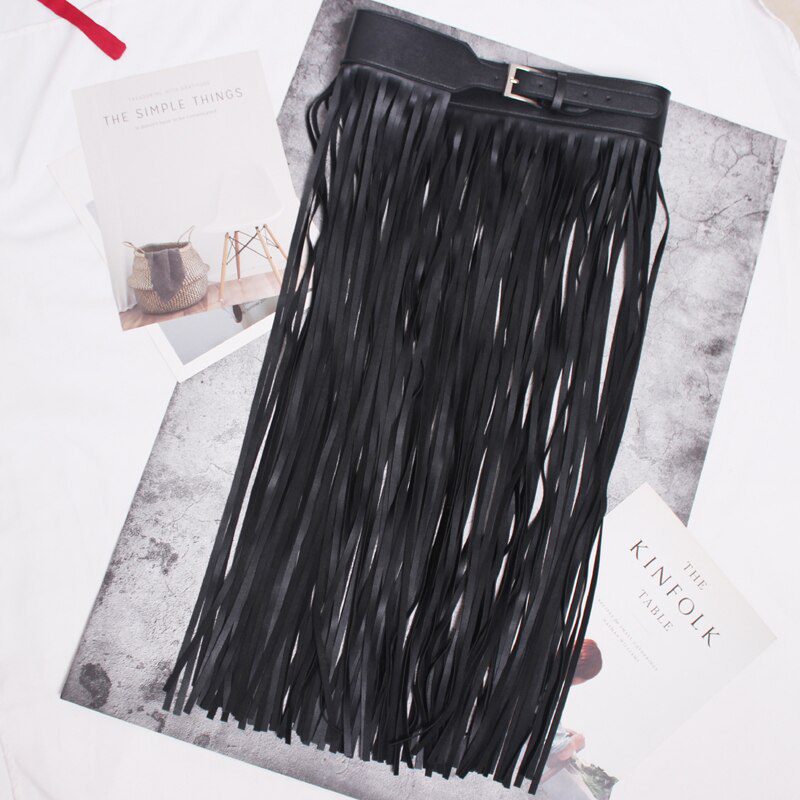 [EAM] 2021 New Spring Summer Pu Leather Long Tassel Brief Personality Girdle Decoration Belt Women Fashion Tide All-match JX375