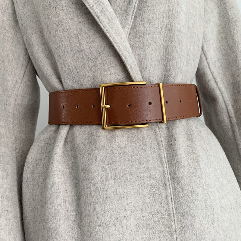 Women's Fashion Black Wide Belt Square Pin Buckle Imitation leather Waist Strap Decorative Coat Dress Simple Dress Waistband