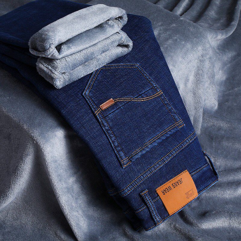 2020 Winter Jeans Men Black Slim Fit Stretch Thick Velvet Pants Warm Jeans Casual Fleece Trousers Male Plus Size