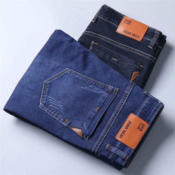 Brother Wang Classic Style Men Brand Jeans Business Casual Stretch Slim Denim Pants Light Blue Black Trousers Male