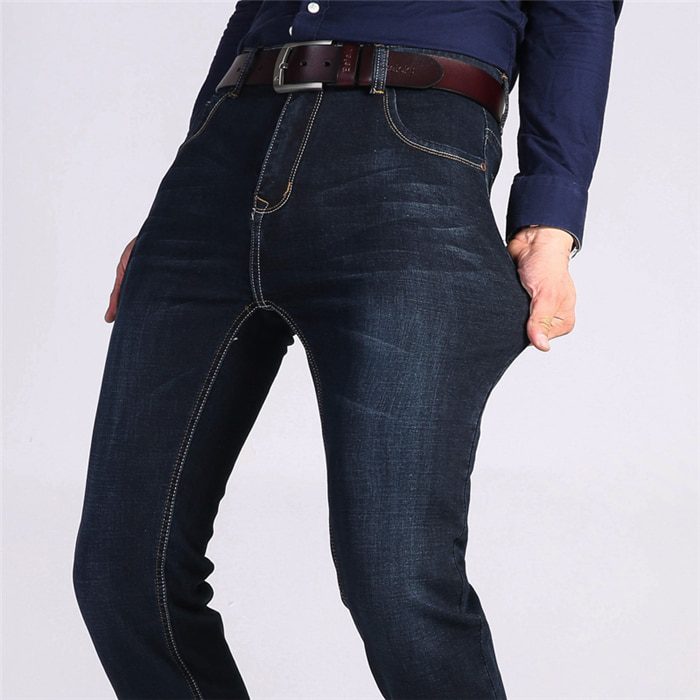 Brother Wang Classic Style Men Brand Jeans Business Casual Stretch Slim Denim Pants Light Blue Black Trousers Male