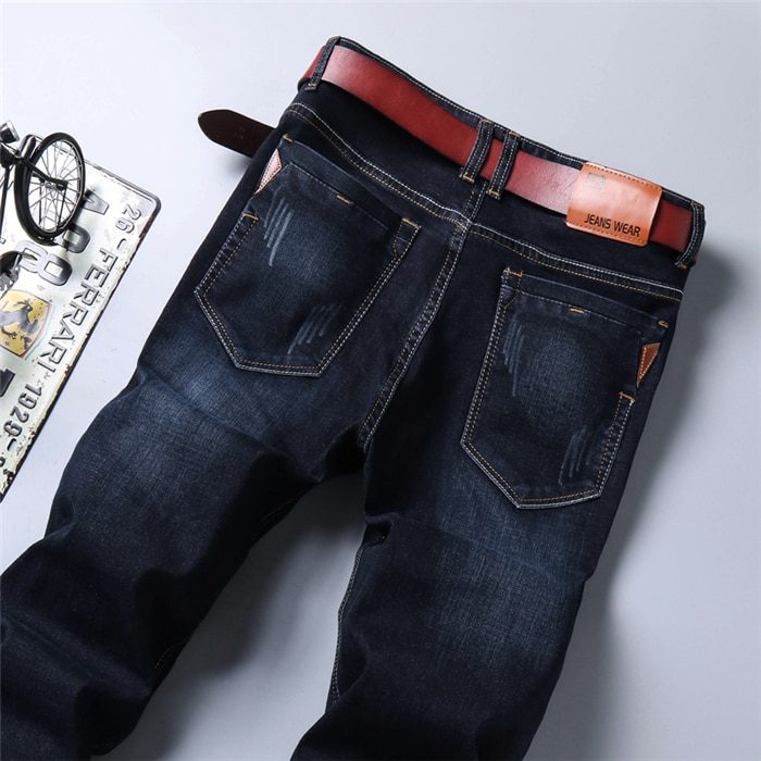 Brother Wang Classic Style Men Brand Jeans Business Casual Stretch Slim Denim Pants Light Blue Black Trousers Male