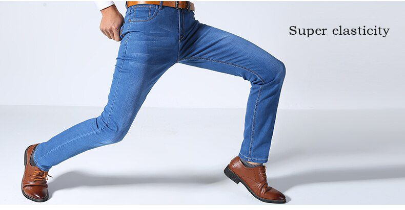 Brother Wang Classic Style Men Brand Jeans Business Casual Stretch Slim Denim Pants Light Blue Black Trousers Male
