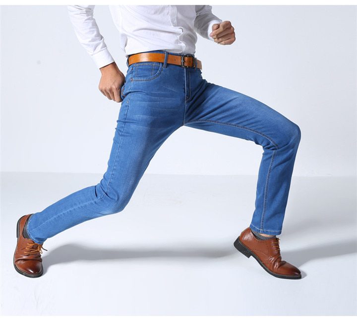 Brother Wang Classic Style Men Brand Jeans Business Casual Stretch Slim Denim Pants Light Blue Black Trousers Male