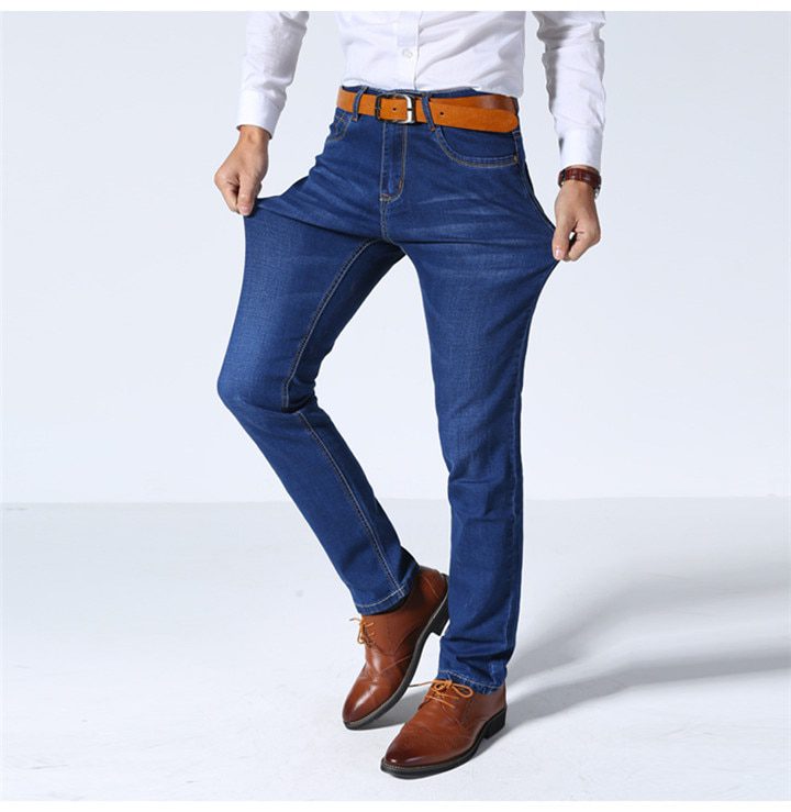 Brother Wang Classic Style Men Brand Jeans Business Casual Stretch Slim Denim Pants Light Blue Black Trousers Male