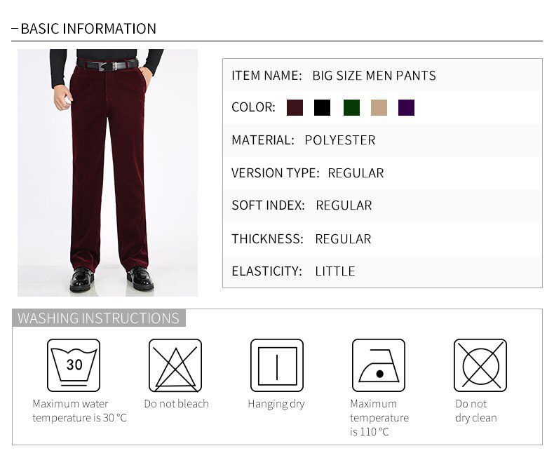 Autumn Men Classic Corduroy Formal Suit Pants Male Slim Fit Business Fashion Trousers Casual Big Size Men's Wedding Dress 3XMR37