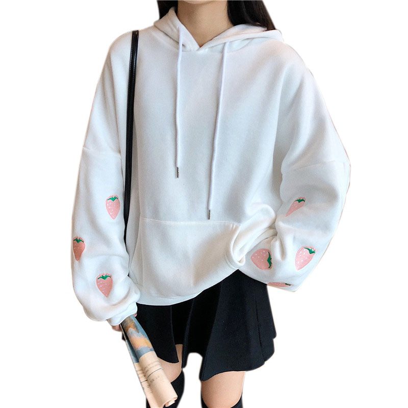 Harajuku Strawberry Embroidery Lavender Pink Sweatshirt Autumn Winter Women Kawaii Loose Long Sleeves Tops Oversized Hoodies XXL